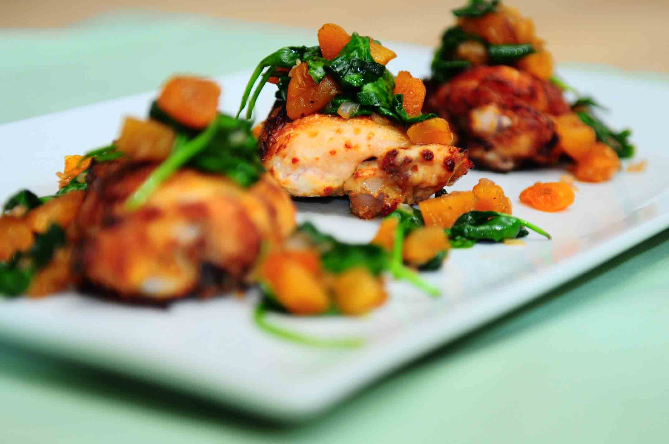Greek Yogurt - Marinated Chicken Thighs with Apricots, Amaretto and Spinach 